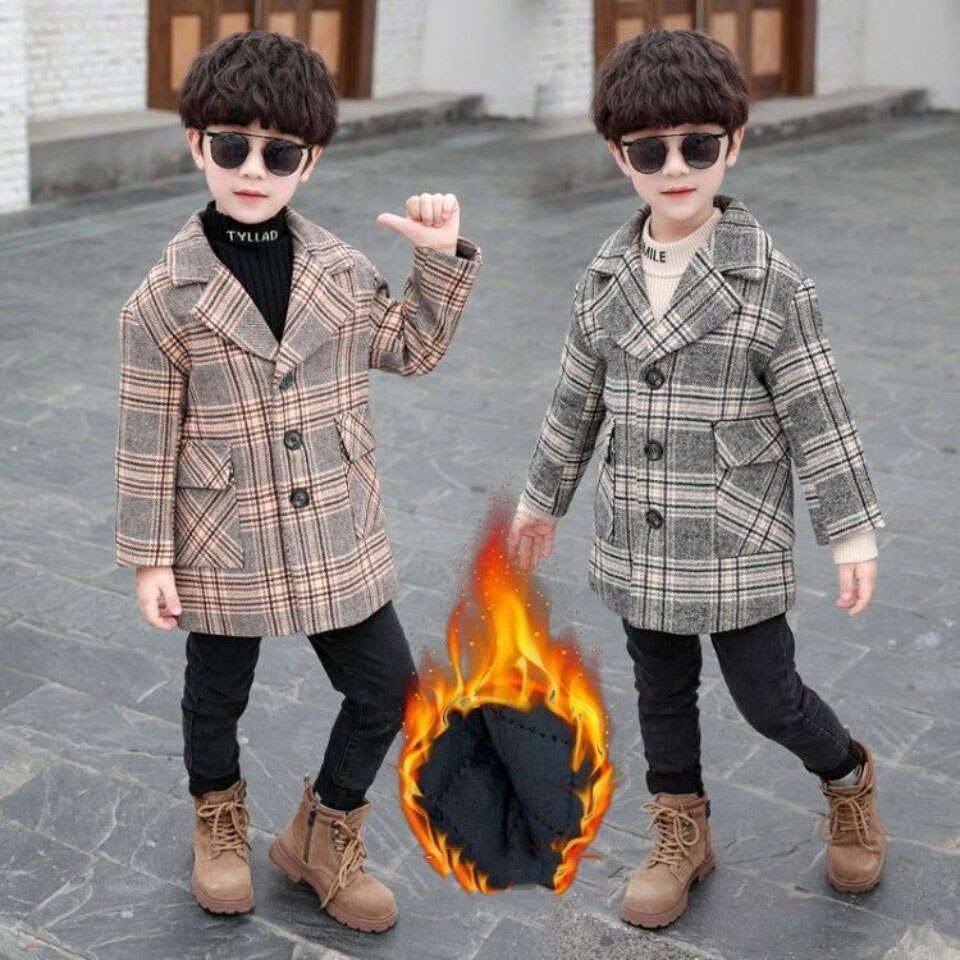 Herfst Winter Wollen Jassen Jas Kids Jongens Bovenkleding Casual Warm Turn-Down Kraag Tiener Kinderen Plaid Jassen Voor 3-12 Jongen