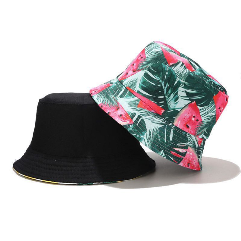 Unisexe été deux côtés porter réversible seau chapeau bohème ananas pastèque Fruits impression pliable pêcheur casquette