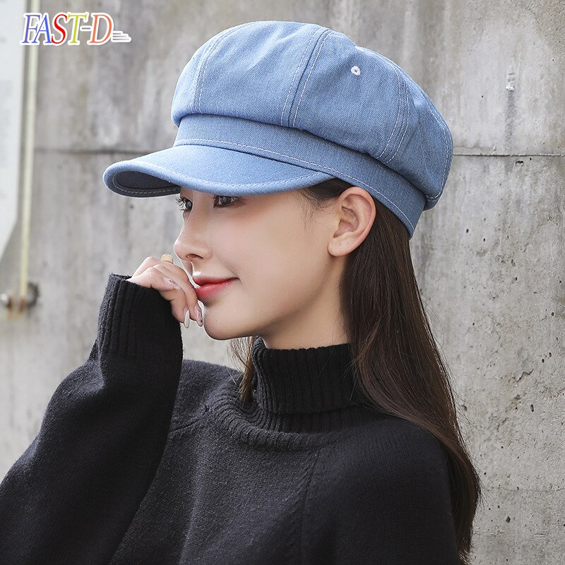 Spring Blue Cowboy Octagonal Hat Girl'S Japan Harajuku Literature Bay Hat Light Printmaker Hat Male Retro Beret Caps