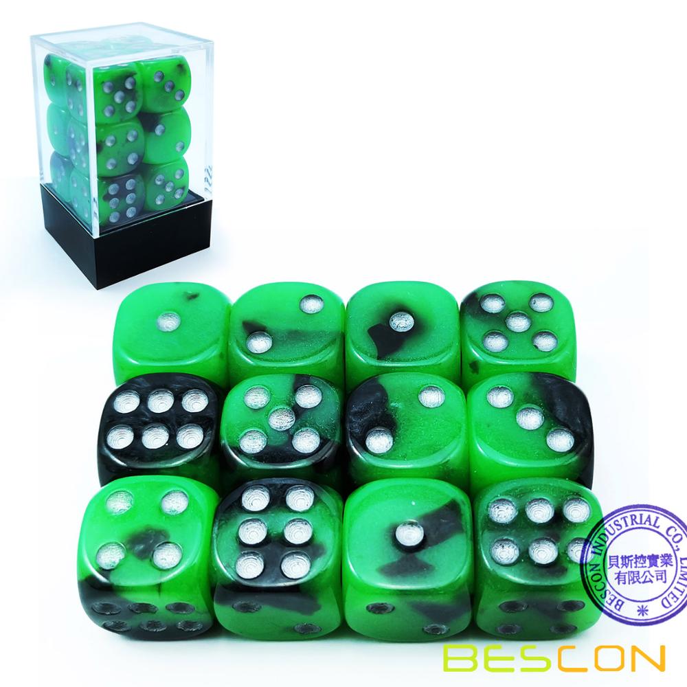 Bescon Two Tone Glowing Dice D6 16mm 12pcs Set SPOOKY ROCKS, 16mm Six Sided Die (12) Block of Glowing Dice