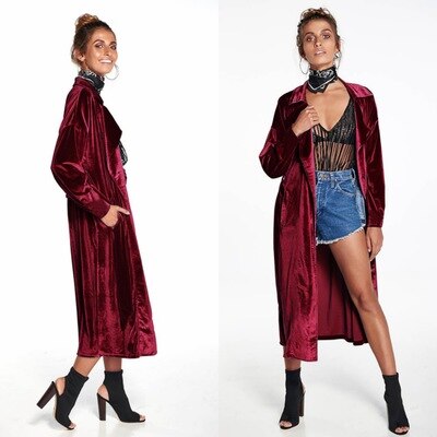 Abrigo de terciopelo con cuello de solapa para mujer, cárdigan de manga larga, prendas de vestir exteriores largas, gabardina informal de talla grande: Borgoña / XXL