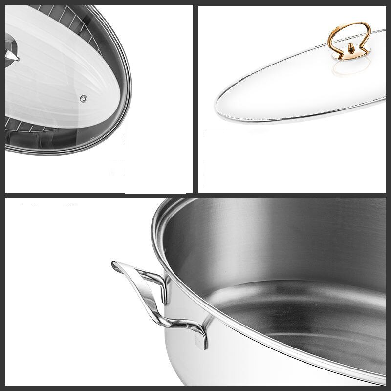 HE-Stainless Steel Thickened Oval Fish Steamer Glass Cover Soup Steamer Kitchen Multi Purpose Cooker