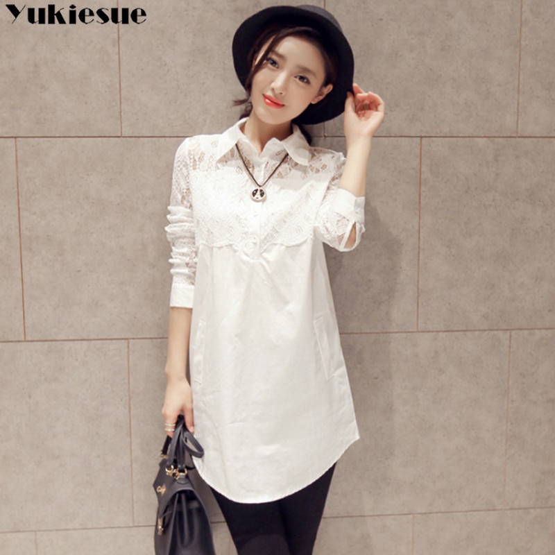Camisas holgadas informales para mujer, blusa de talla grande a la , Blusa de manga larga con botones de encaje, Tops blancos para mujer, ropa de calle