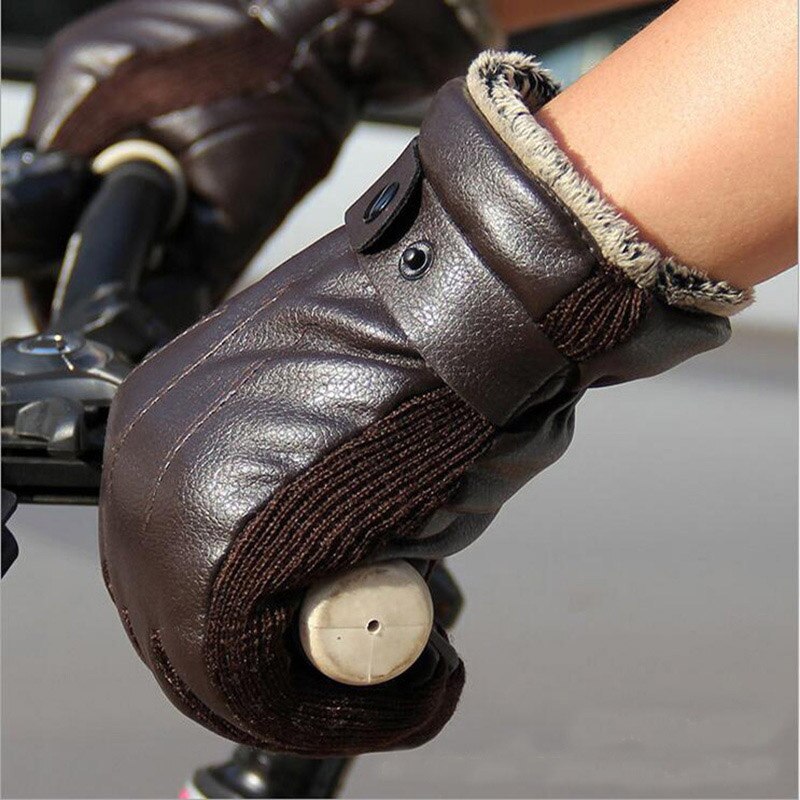 Guantes antideslizantes gruesos de piel sintética para hombre de otoño e invierno, guantes cálidos de dedos completos para exteriores, guantes de algodón para montar en coche eléctrico para motocicleta G117: Brown