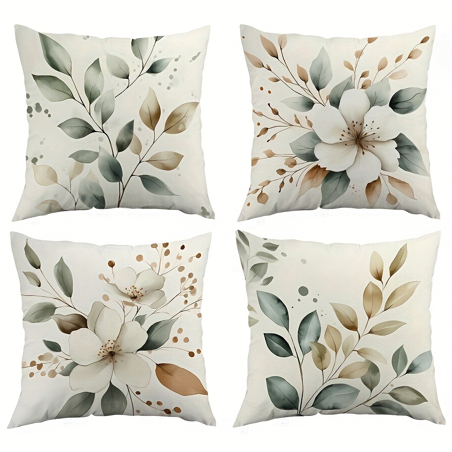 Naturlig pudebetræk i blad- og blomsterstil, soveværelse, stue, sofa, boligindretning, polyesterpudebetræk med lynlås