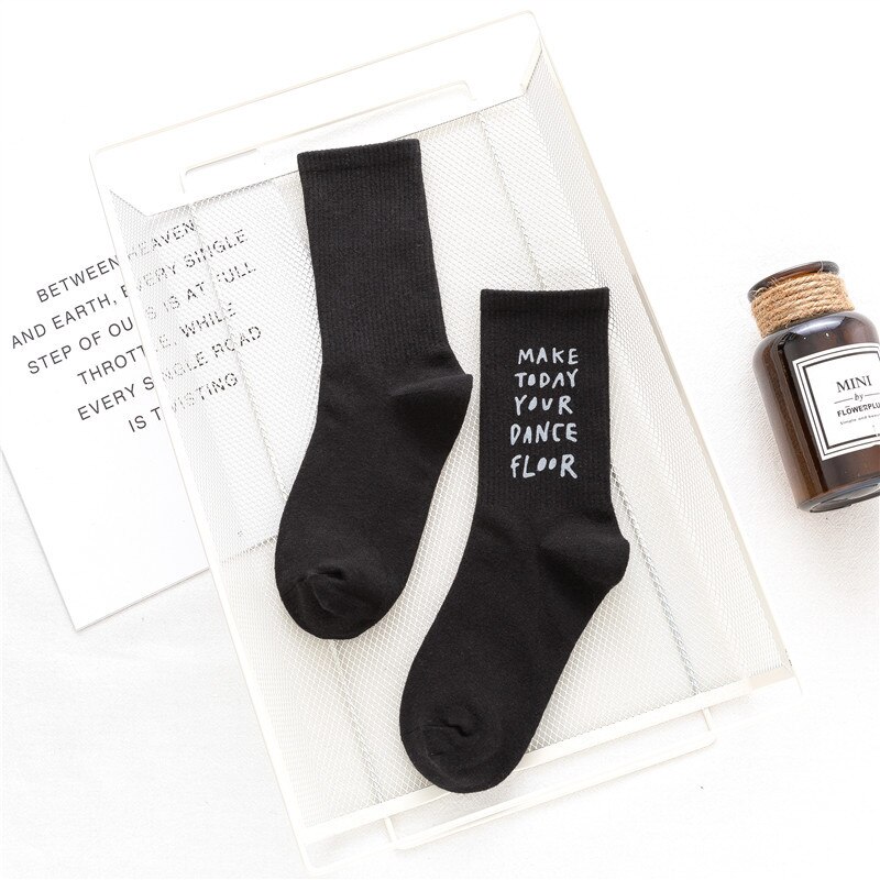 20 spring and autumn pure cotton women's middle tube socks high top letter stamping personality street style women's s: black