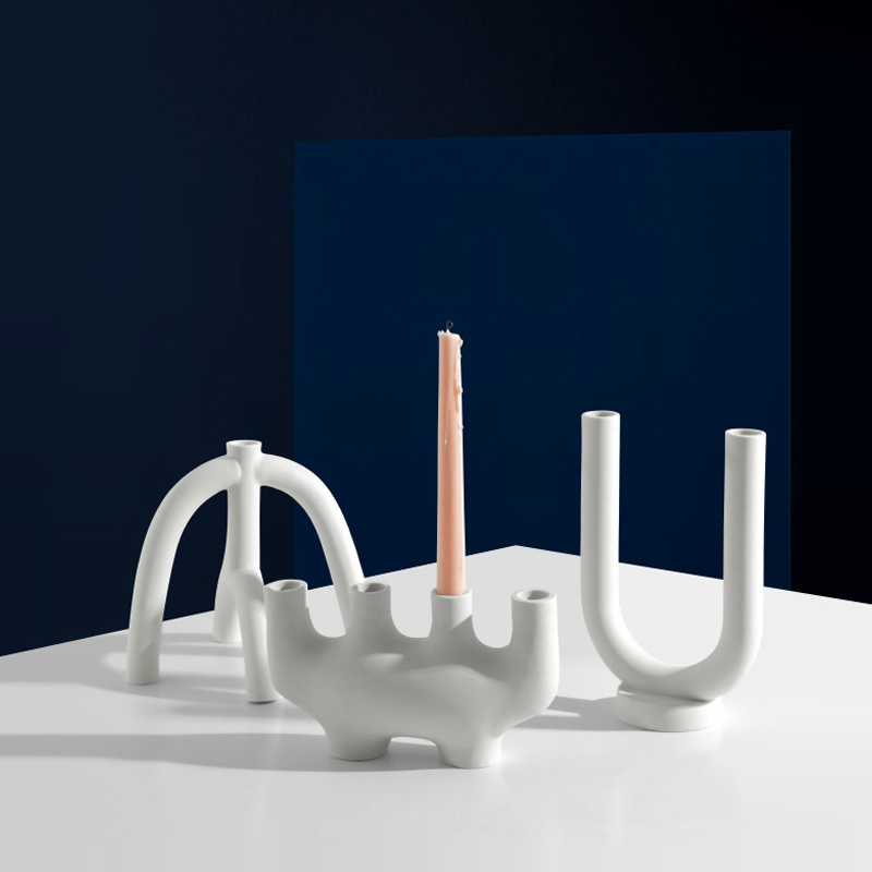 Candelabro de cerámica nórdico, portavelas blanco en forma de U, soporte de vela escandinavo para sala de estar, adorno para el hogar