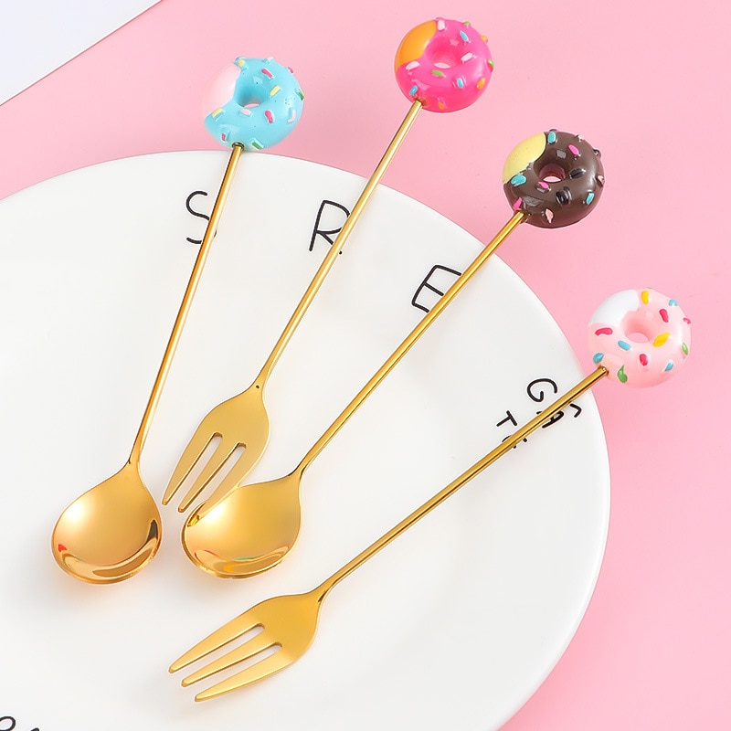 Donut Fork Spoon Stainless Steel Doughnut Dessert Fruit Forks Honey Coffee Stirring Spoon Baby Kid Cutlery Dinnerware Accessorie