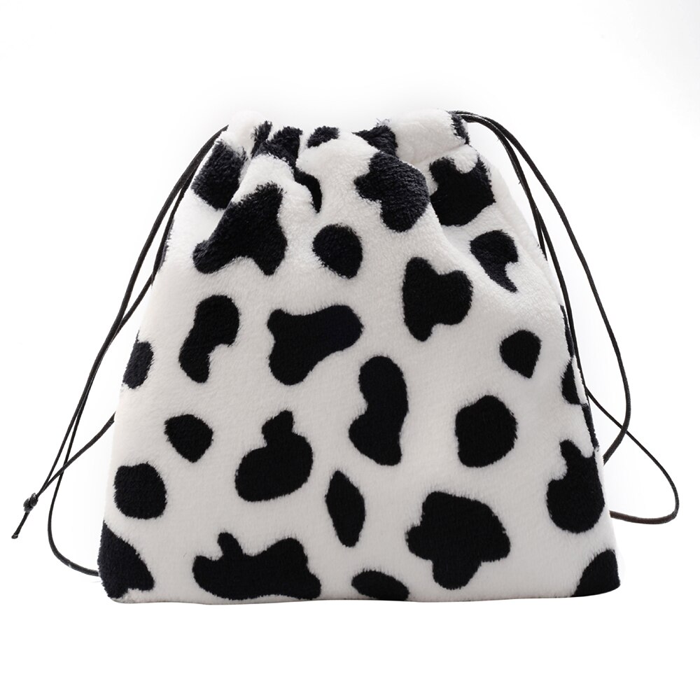 Vrouwen Meisje Trekkoord Schouder Kleine Pouch Prachtige Boodschappentas Mini Koe Melk Gedrukt Pluche Crossbody Tassen: Milk pattern 