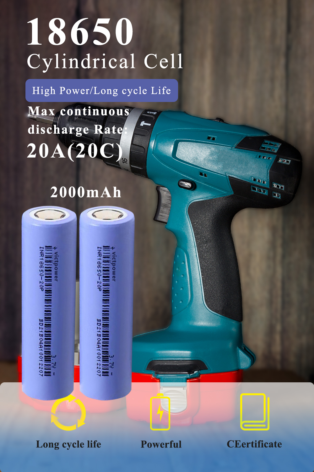 18650 Battery INR18650-20p 2000mAh 3.7V Li-Ion High Current Rechargeable Power Cell