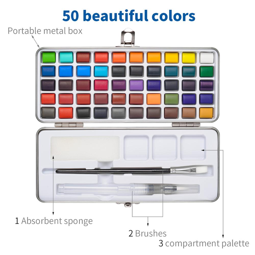 50/90 Colors Solid Watercolor Paint Set Contains Brushes in a Portable Metal Box for Beginner Drawing Painting Art Supplies