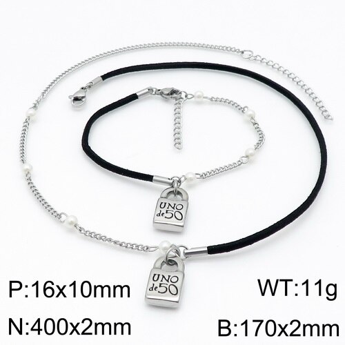 femmes hommes couleur argent or acier inoxydable serrure ronde clé Uno 50 boule perle Bracelet collier ensembles de bijoux: 11