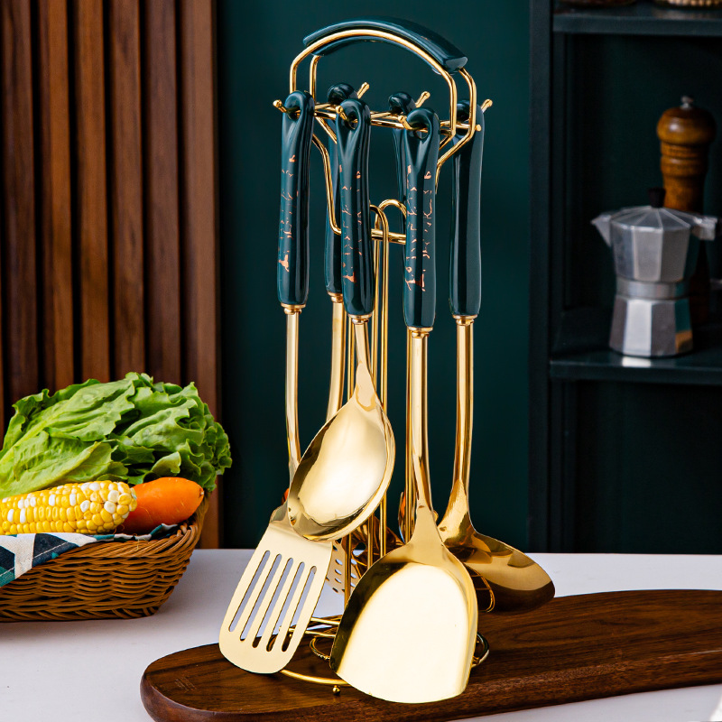 Espátula de acero inoxidable con mango de cerámica, juego de utensilios de cocina nórdicos, 7 unidades