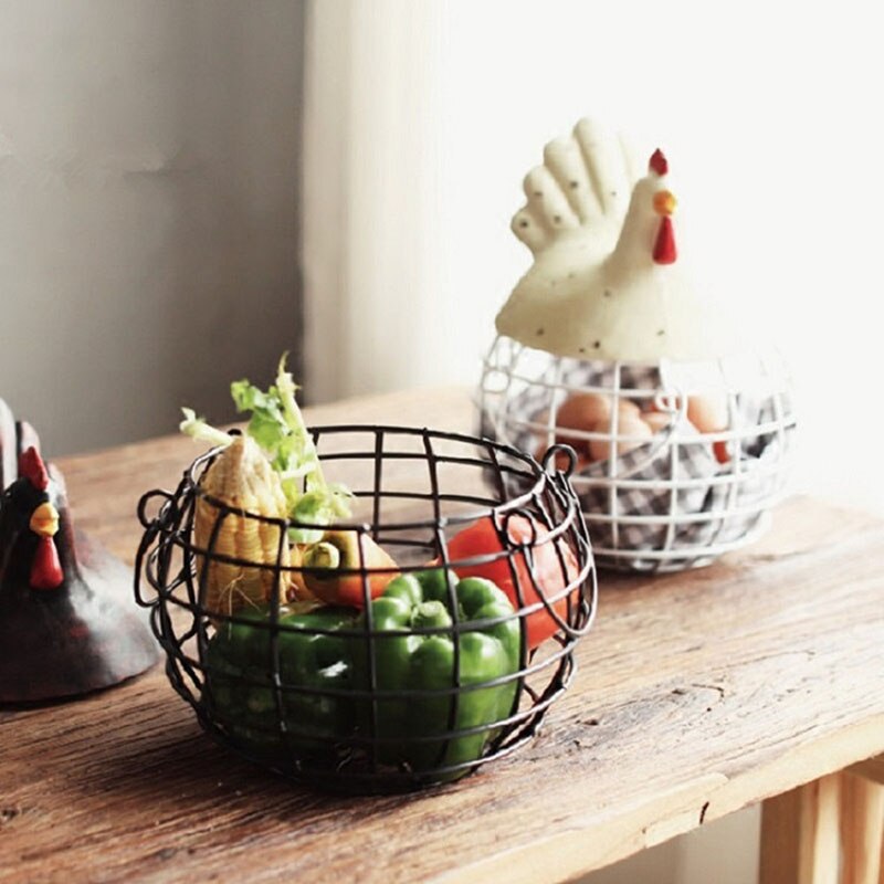 Æg frugt metal opbevaring kurv keramik med låg stor kapacitet mesh brød kurv høne ornament organizer køkken kurv