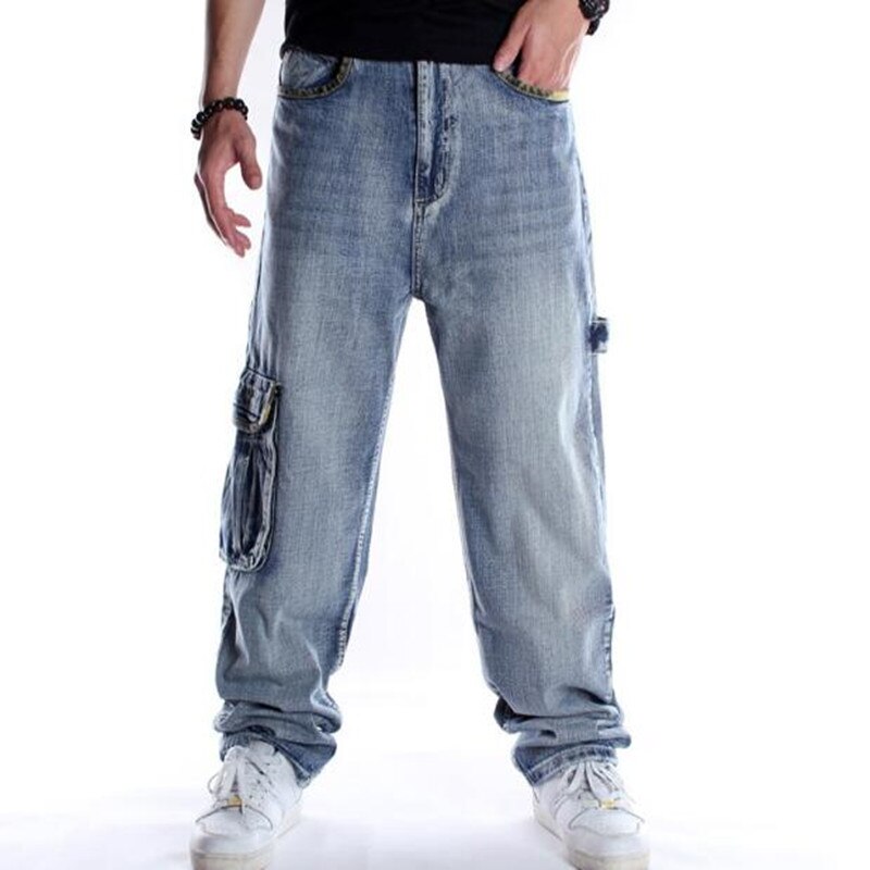 Baggy style mænds jeans hiphop løse store lomme drenge skateboard rap punk distressed blå cowboybukser plus størrelse 46