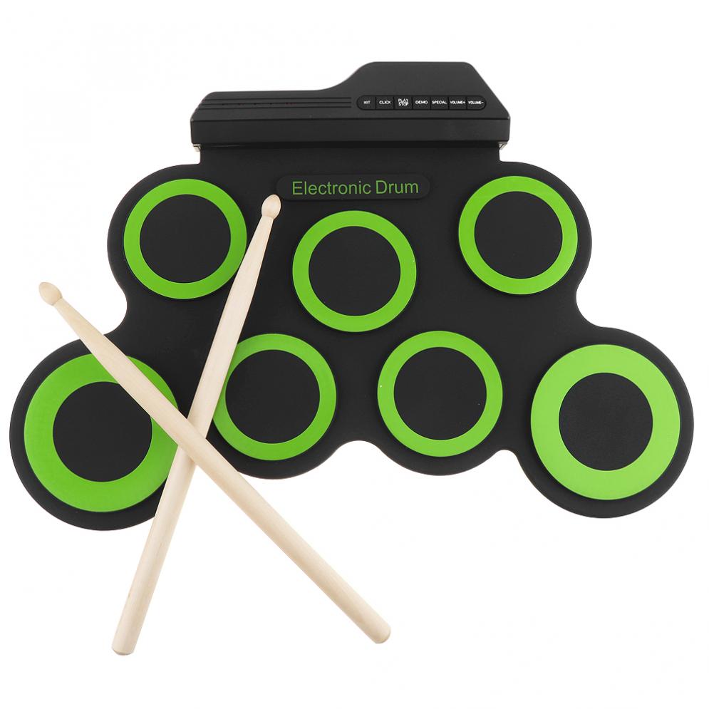 Bærbar elektronisk digital usb 7 pads oprulningssæt grøn silikone elektrisk trommesæt med trommestikker og sustainpedal