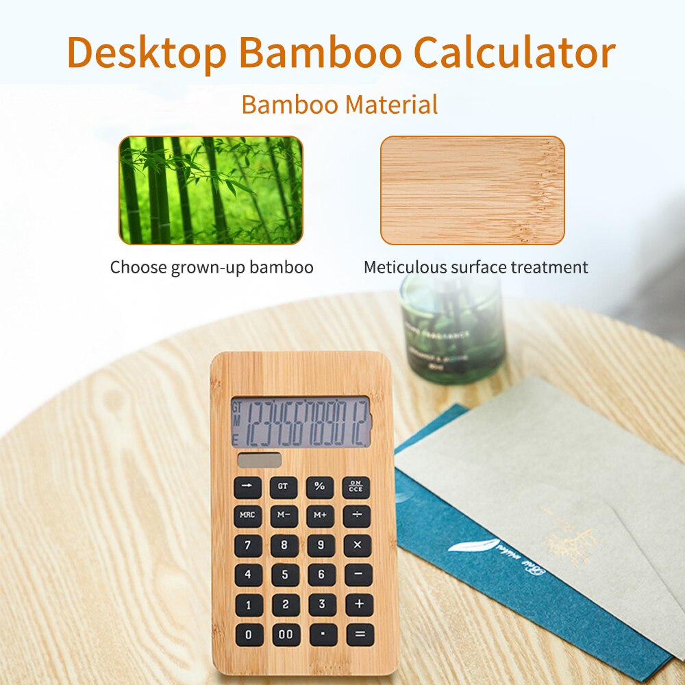 Desktop Bamboo Calculator Counter 12 Digits Display Solar Energy & Button Battery Dual Powered Eco-friendly Calculating Tool