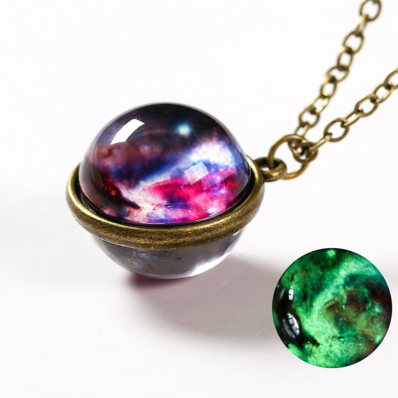 Handmade Universe Star Ball Pendant Necklace Double Sided Glass Ball Glowing Pendant Gold Chain Luminous Planet Jewelry Unisex: style 6