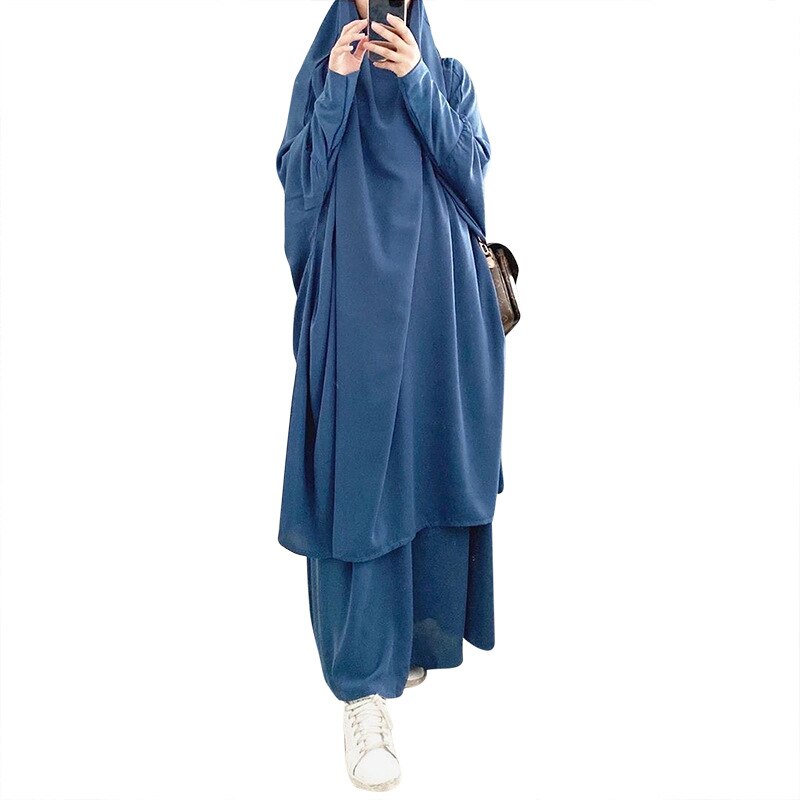 Eid hupullinen musliminaiset hijab mekko rukous vaate jilbab abaya pitkä khimar ramadan puku abayas hame setit islamilaiset vaatteet niqab: Sininen