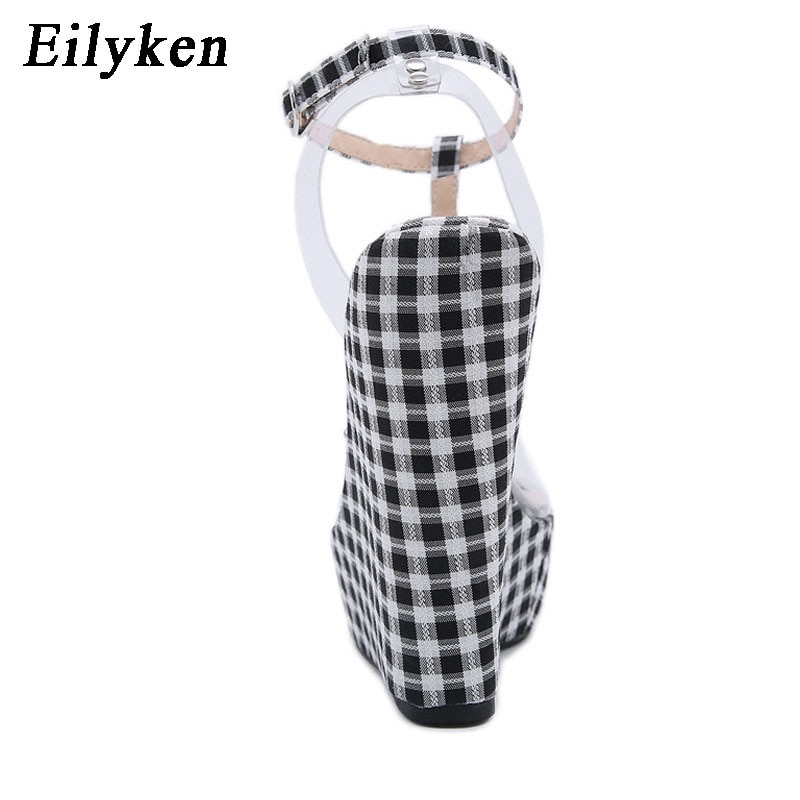Eilyken-Sandalias de cuña de suela gruesa para mujer, calzado con hebilla y correa al tobillo de plataforma, tacones altos de estilo Gingham, zapatos transparentes de PVC