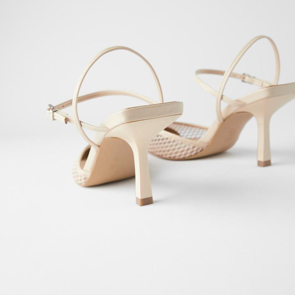 Sandalias de tacón fino para mujer, calzado de punta estrecha, de malla, zapatos de , elegantes, con hebilla