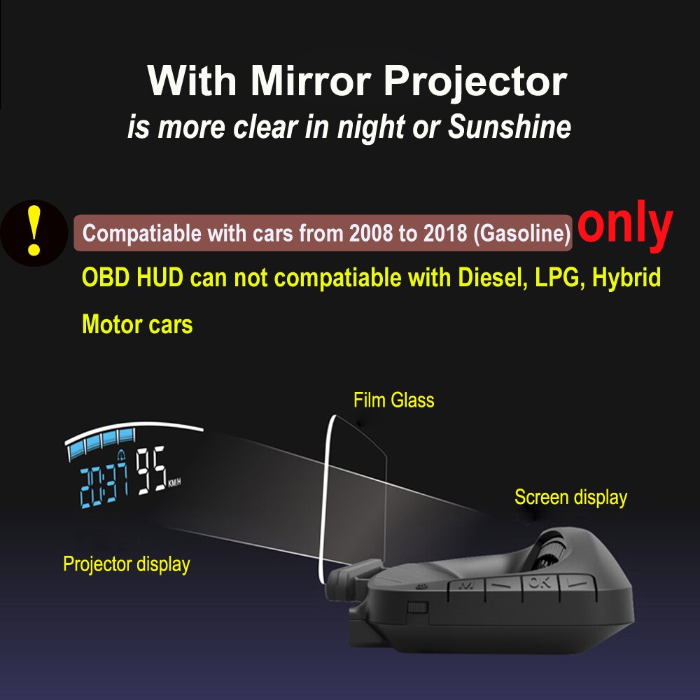 EANOP HUD Mirror 04 Car Head-up Display OBD2 Guage Parabrisas Velocímetro Proyector de velocidad con alarma de exceso de velocidad Temperatura del agua RPM Proyección de voltaje Azul Blanco LED Displayer OBD II