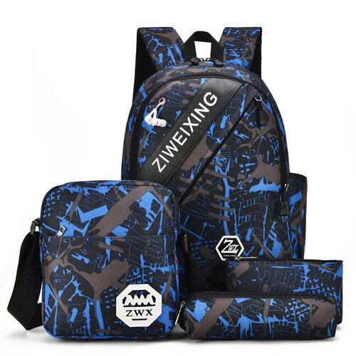 4 Pcs Schooltassen Hoge Capaciteit Rugzakken Leuke Camouflage Afdrukken Nylon Schooltas Tiener Waterdichte School Rugzak Mochila: blue