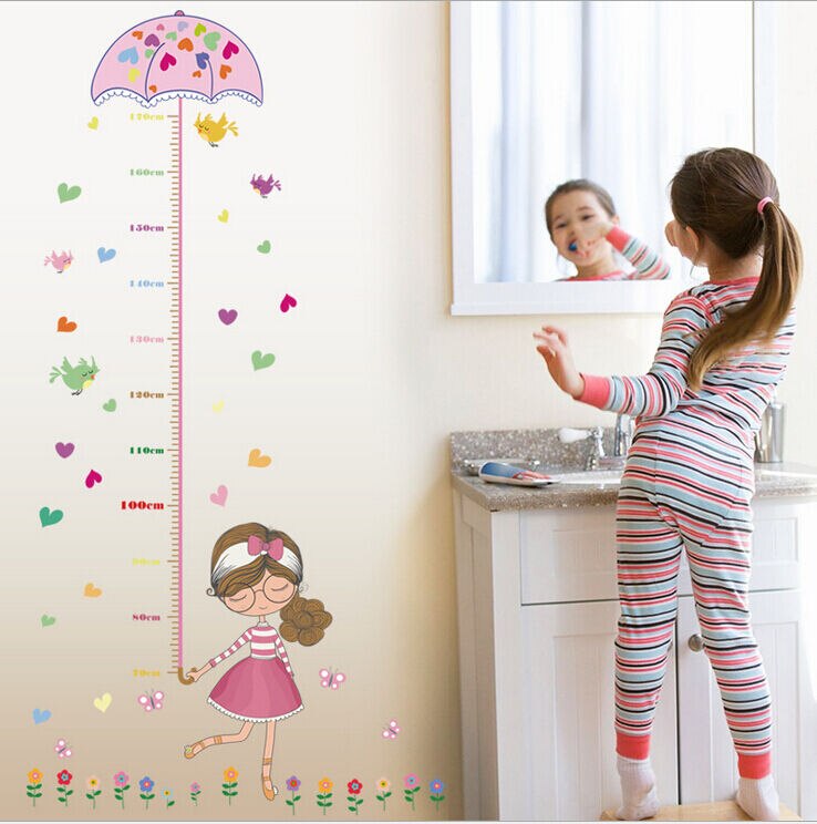 Leuke Meisje Paraplu Maatregel Hoogte Muurstickers Decal Kids Zelfklevend Vinyl Behang Mural Baby Meisje Jongen Kamer Nursery Decor