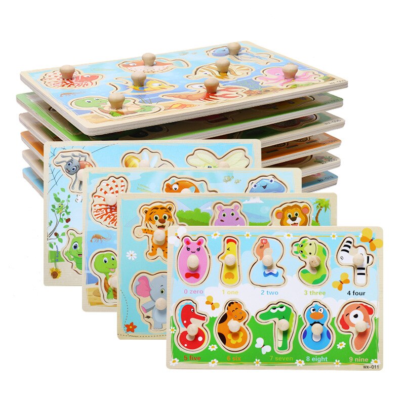 Wooden Puzzles Hand Grab Boards Toys Montessori Tangram Jigsaw Baby Educational Toys Cartoon Vehicle Animals Fruits 3D Puzzles
