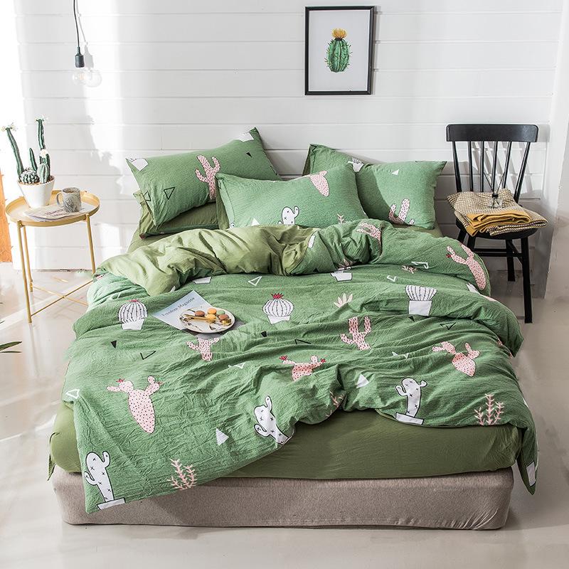 Huistextiel groene cactus beddengoedsets 4 stuks roze wortel gewassen katoen polyester zacht dekbedovertrek beddengoed laken kussenslopen