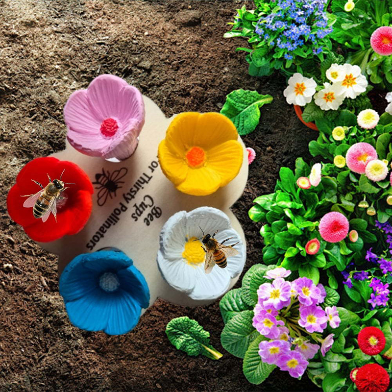 5pcs Bee-friendly Resin Flower Water Cup Wood Insect Drinking Station Bee Watering Station Bee Cup