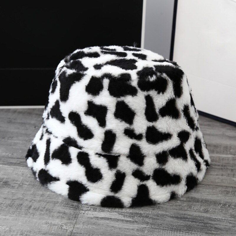 Korea kvinder efterår vinter vintage leopard plys bucket cap faux fur plys sød dejlig fisker hat varm kasket dame
