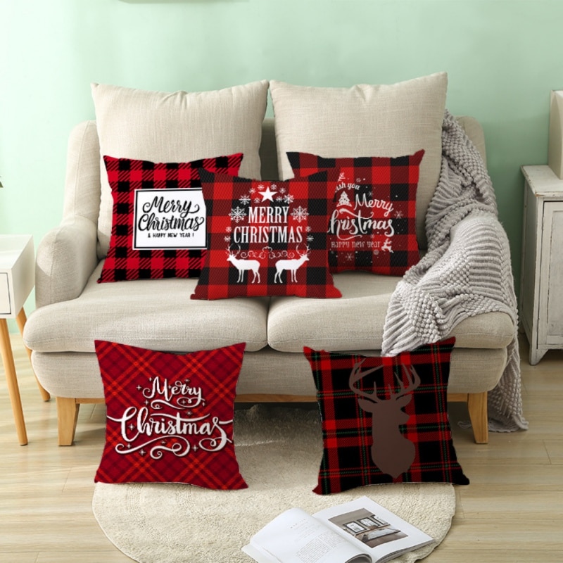 17.7in Double face décoratif thème de noël à carreaux jeter taie d'oreiller rouge vert noir Plaid taie d'oreiller pour la maison