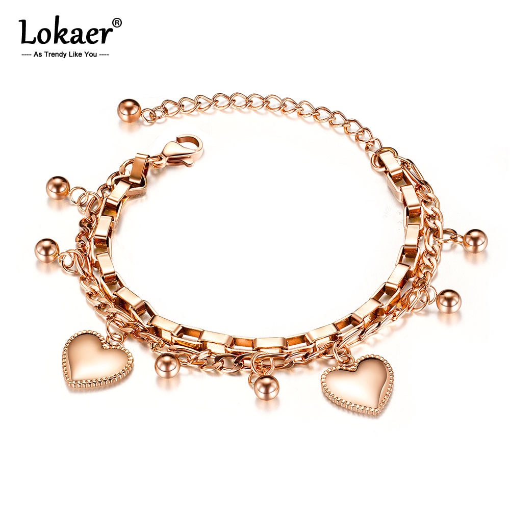 Lokaer Trendy Double Layer Stainless Steel Love Heart Ball Charm Bracelets For Women Girls Bohemia Chain Link Jewelry B19151