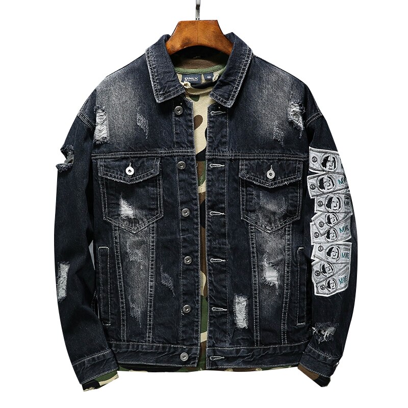 Denim Jacket Men Spring Vintage Hole Embroidered Men's Cowboy Coat Hip-Hop Tide Brand Streetwear