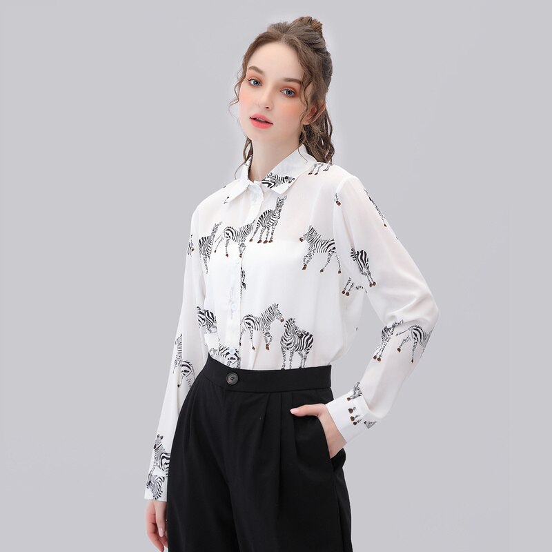 QWEEK Satin Blouse Women Silk Zebra Print Shirts Long Sleeve Vintage Office Ladies Tops Femme Green Blouses: L / White