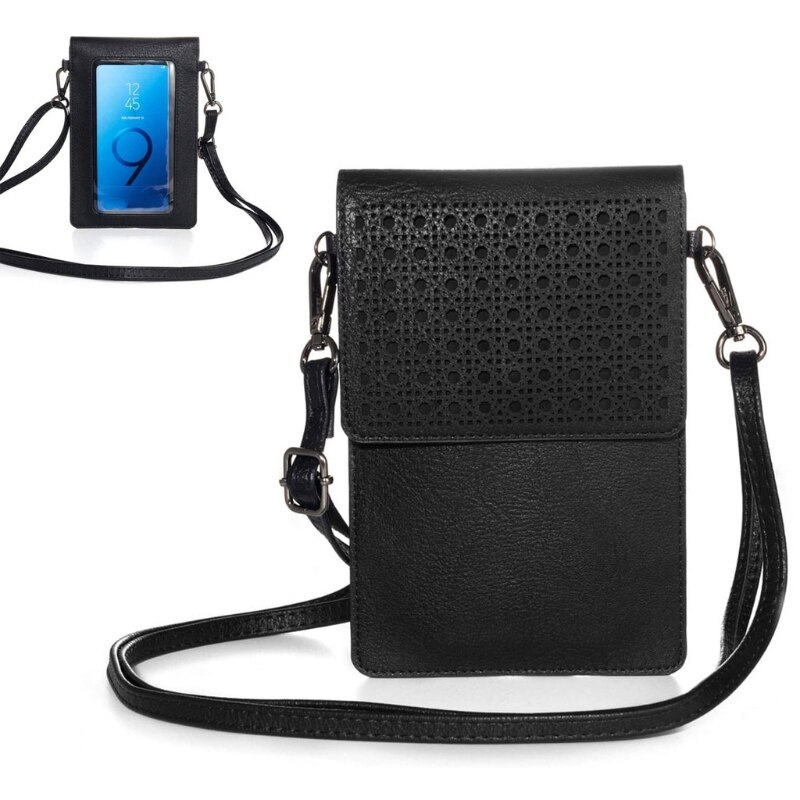 Touch Screen Leather Phone Purse with Clear Window Pocket Shoulder Strap Small Crossbody Bag Women Girls Wallet Pouch: Black