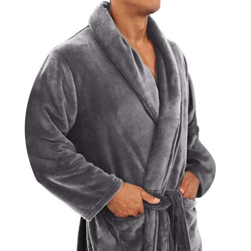 Men Shawl Collar Fleece Solid Color Long Bath Robe Home Gown Sleepwear: Navy Blue / L