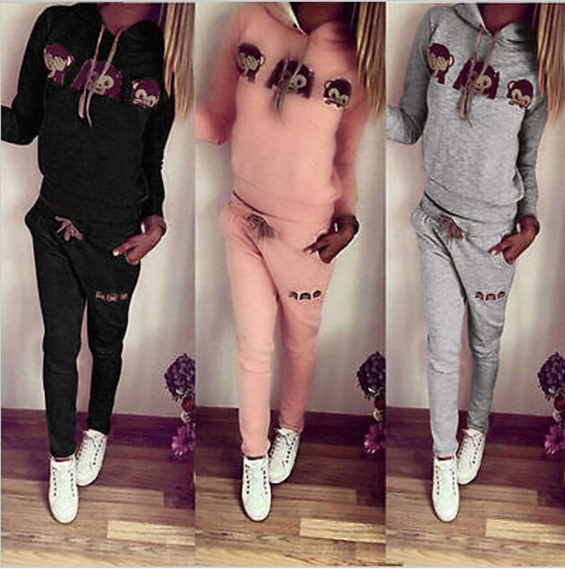 Monkey Hooded cute Suit Set Women Tracksuit Two-piece Sport Style Outfit Jogging Sweatshirt Fitness Lounge Sportwear