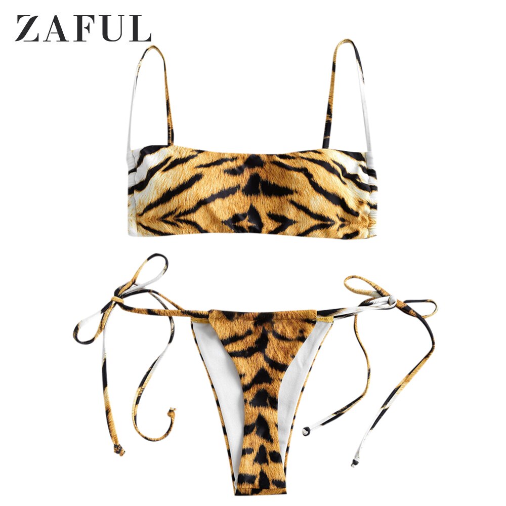 Zaful Gewatteerde Tijgerprint String Bikini Badmode Cami Animal Print Twee Stukken Badpak: Light Brown / S