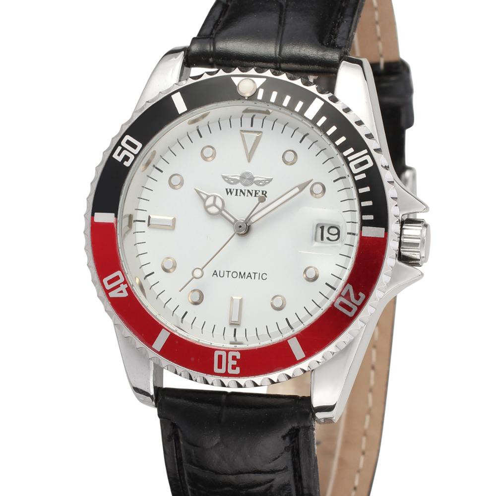 WINNAAR casual mannen en vrouwen horloges waterdicht kalender leer horloges automatische mechanische horloges: Black and white