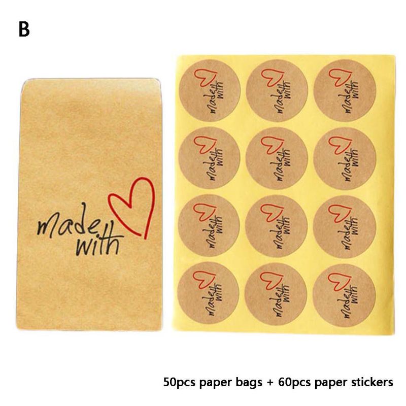 50pcs Kraft Paper Bag with 60pcs Thank You Round Label Stickers for Candy Package Bags Wedding Party Favors Suplies: B