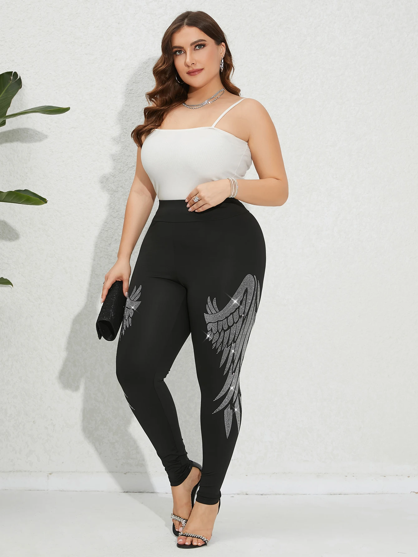 Leggings de talla grande para mujer, pantalones ajustados con patrón de alas de Ángel y diamantes de imitación brillantes, pantalones de punto elásticos informales a la