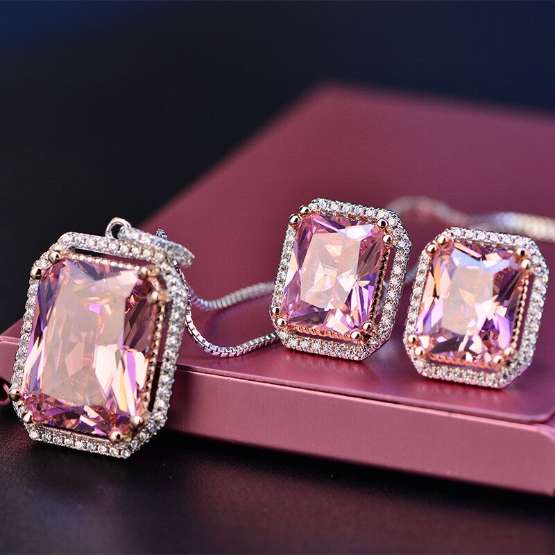 Vintage Pendant For Women Big Square Pink S925 Sterling Created Topaz Cubic Zirconia Necklace Temperament Fine Jewelry No Chain