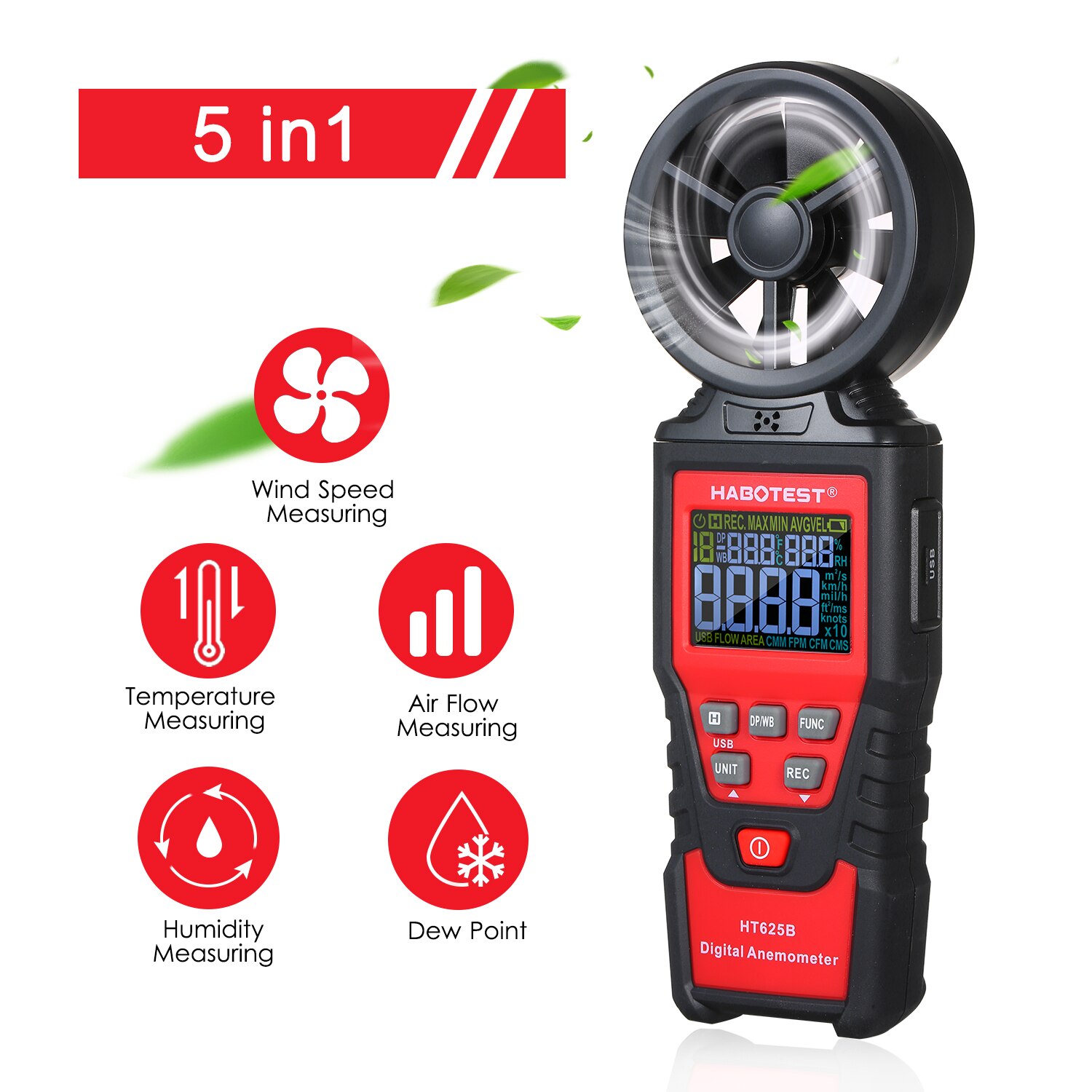 Habotest  ht625a handhållen digital vindhastighetsmätare vindmätare vindmätare för att mäta vindhastighet luftvolym max/min/avg