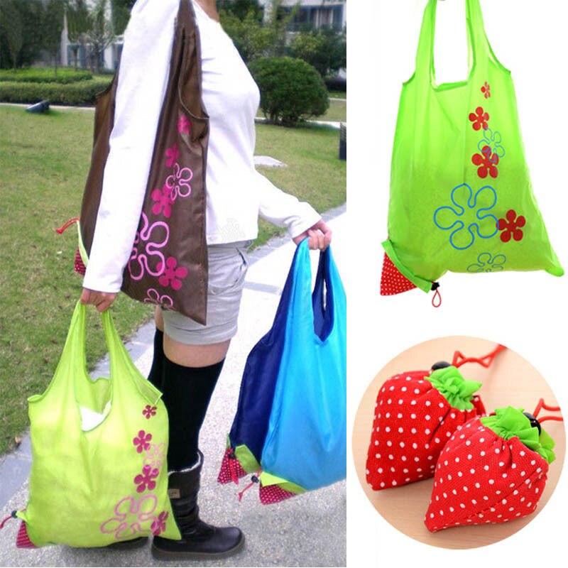 sac à provisions d'épicerie vert en Nylon réutilisable de fraise pliable de sacs imprimés aléatoires de stockage de grande capacité commode chaude