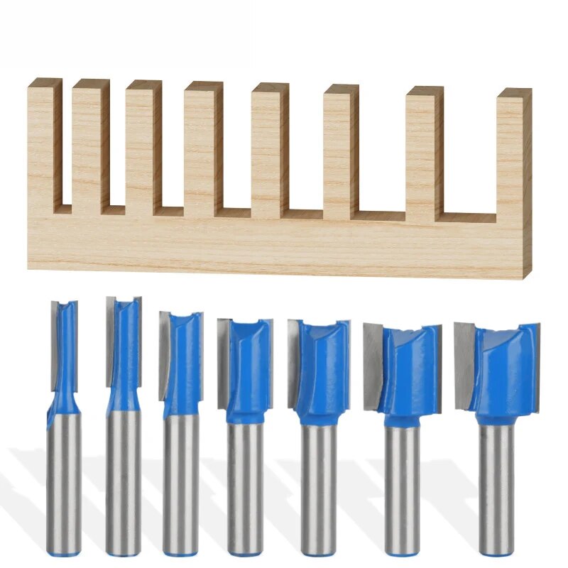 7 stuks 8 mm schacht houtbewerking freesgereedschap, tweesnijdend groeffreeskop, elektrische hout trimmachine recht mes