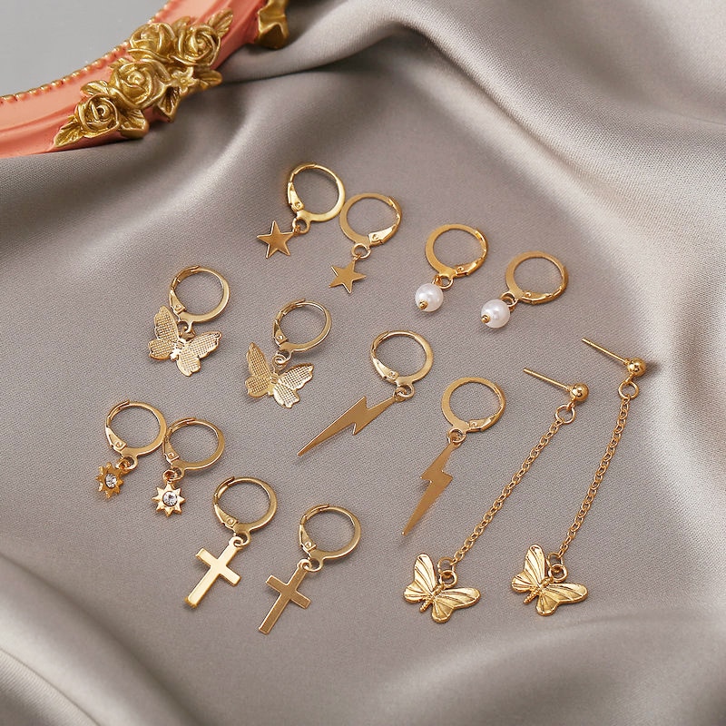 7 Pairs Nette Kristall Schmetterling Kreuz Stern Anhänger Ohrringe Für Frauen Mädchen Gold Farbe Huggies Hoop Ohrring Set Mix Stil schmuck