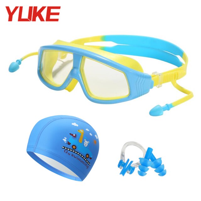 YUKE Kids Swimming goggles Anti-Fog With Swim Cap Bag Children swim Eyewear Waterproof Boys Girls Pool glasses: yellow blue