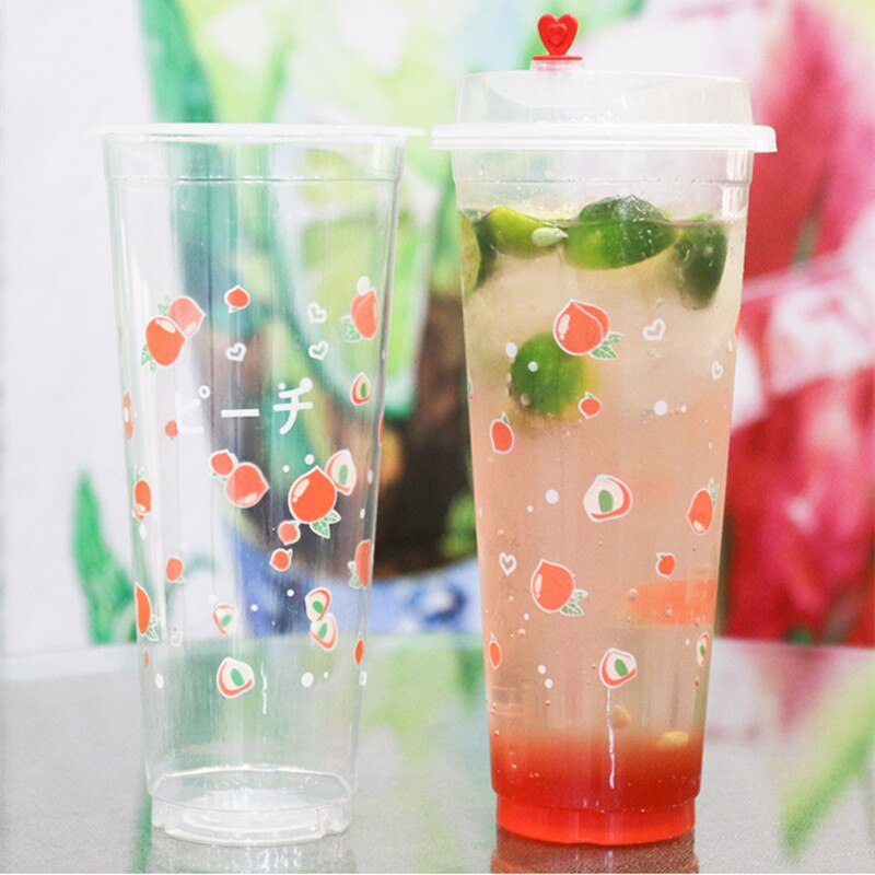 50pcs 90 caliber 500ml transparent cold drink cup fruit lemon peach pattern disposable juice plastic cups with lid